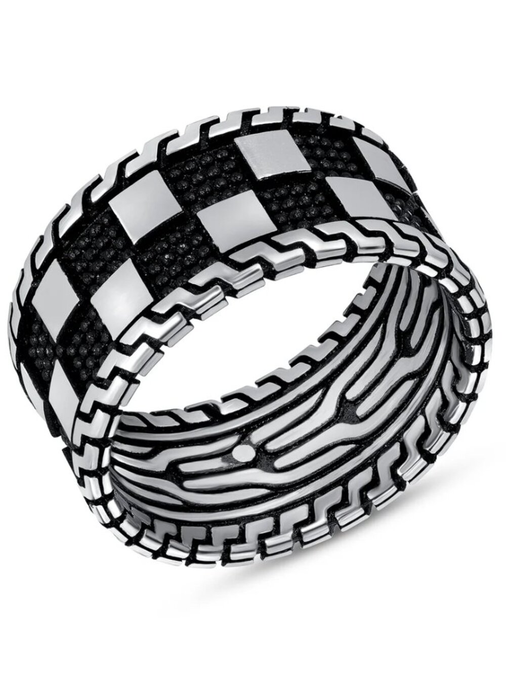 New Men's Silver 925 Checker Oxidized Wedding band